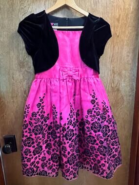 LOVE Special Occasions Fuschia Satin Formal Dress with Black Velvet Jacket sz 14
